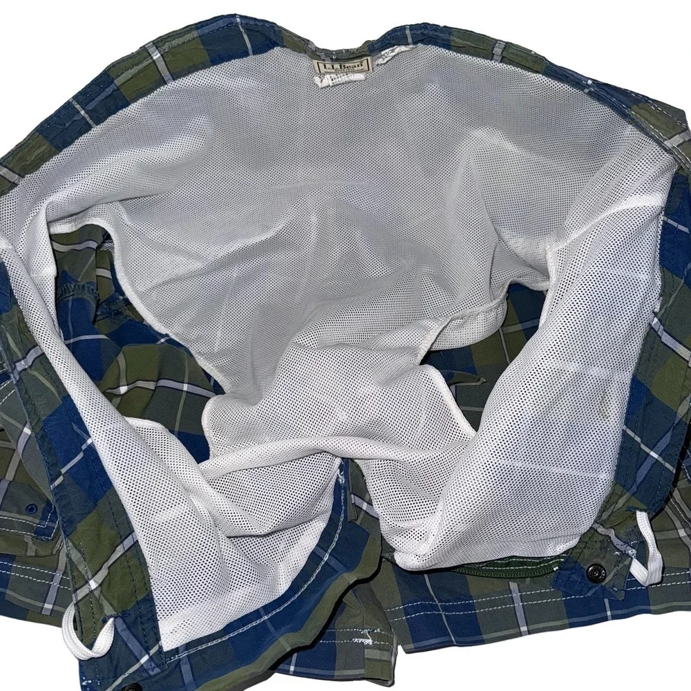 L.L.Bean Mens Plaid Cargo Swim Trunks Blue Green Size 38 Lined 9